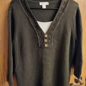 Christopher & Banks Olive V-Neck Sweater with Button Trim